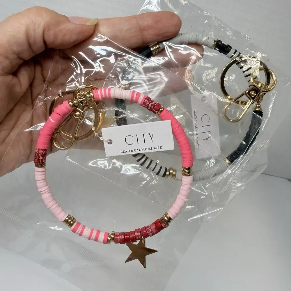 CITY Heishi Beaded With Star Charm Bundle Of 2 Bracelet Key Rings New